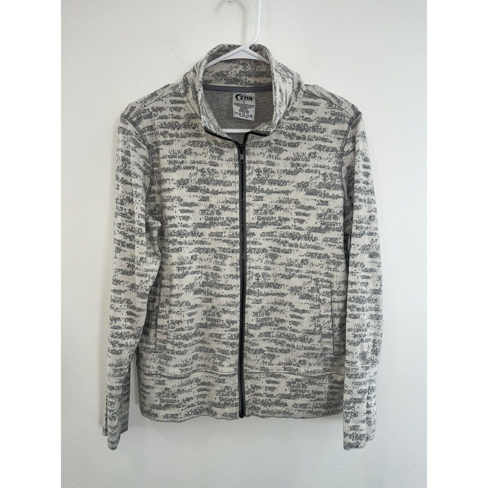 ZYIA Active Women's Sz Medium Full Zip Up Sweatshirt Workout Zip Up Gray Cream